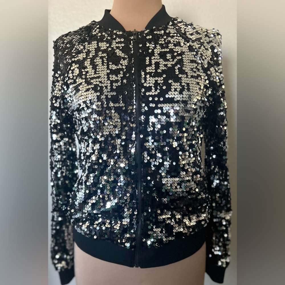 Forever 21 Black and Silver Sequin Bomber Jacket
